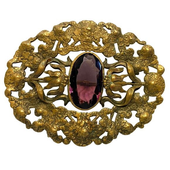 Jewelry - Victorian Brass Amethyst Purple Glass Sash Brooch Pin Art Nouveau 1800s